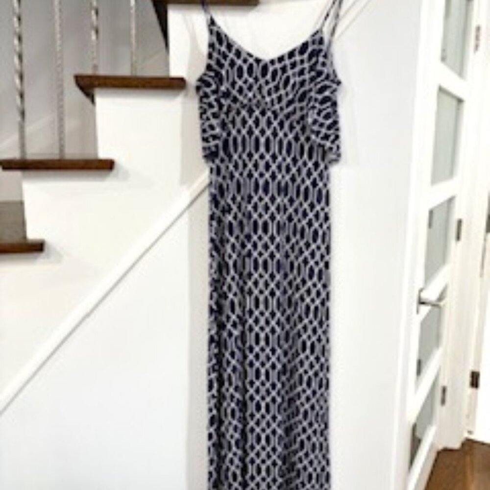Clearout- EUC long open back viscose dress sz M